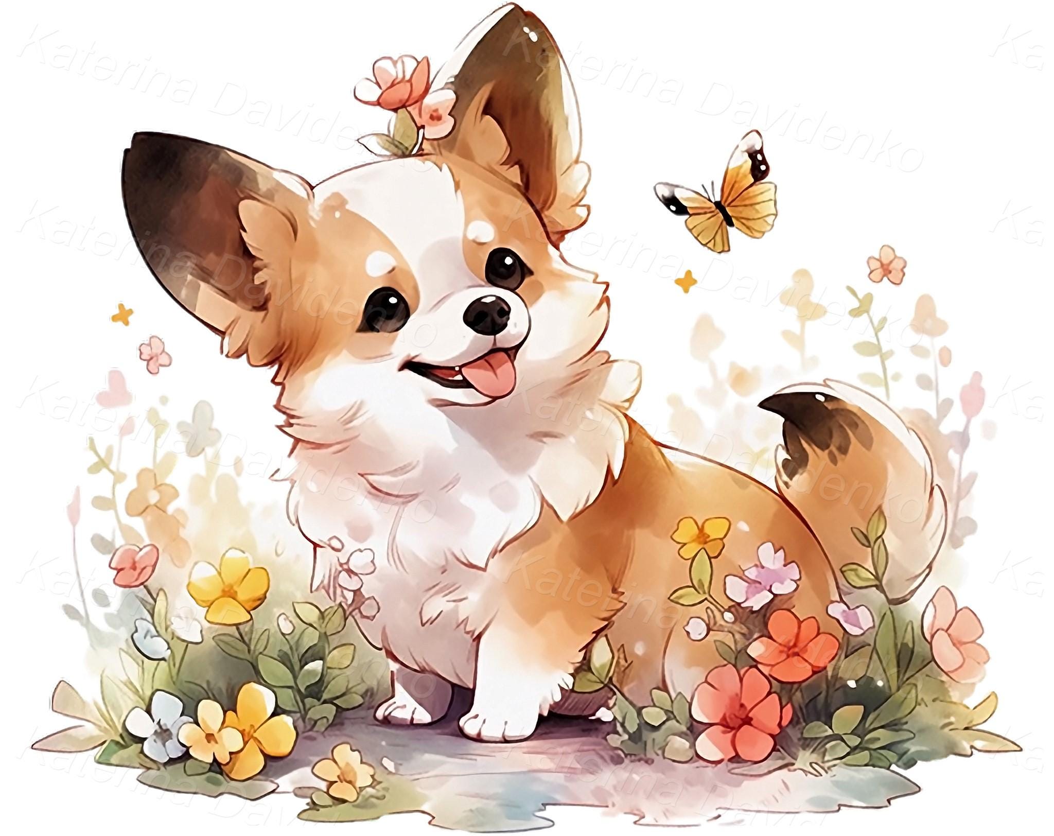 Watercolor Dog Clipart, Cute Puppy Portraits With Flowers PNG - Etsy