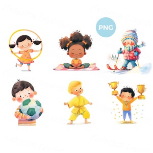 Conjunto de dibujos animados de niños haciendo diferentes actividades deportivas PNG clipart. Lindos niños pequeños haciendo yoga, karate, fútbol, esquí, gimnasia