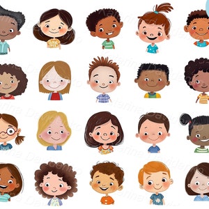 Collection of cartoon smiling kids faces PNG clipart, multinational happy little children heads, avatar clipart, digital instant download