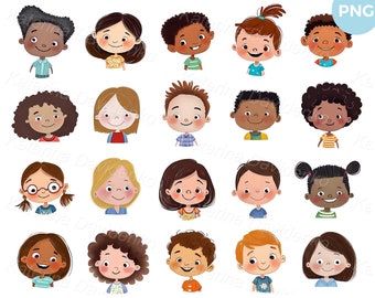 Collection of cartoon smiling kids faces PNG clipart, multinational happy little children heads, avatar clipart, digital instant download