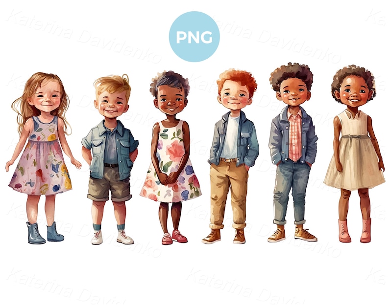 Set of Cartoon Smiling Children Standing in a Row. Transparent PNG ...