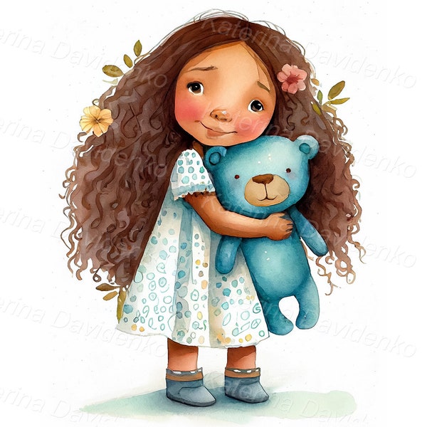 Watercolor portrait of cute cartoon girl hugging teddy bear, nursery art