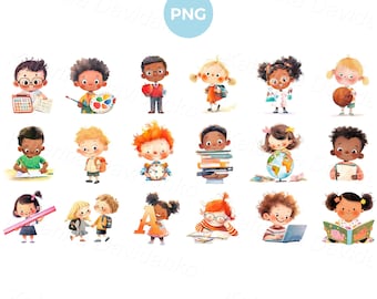 Cute school kids PNG clipart set. Education clipart. Isolated children picture, cartoon characters, happy school boys and girls activities