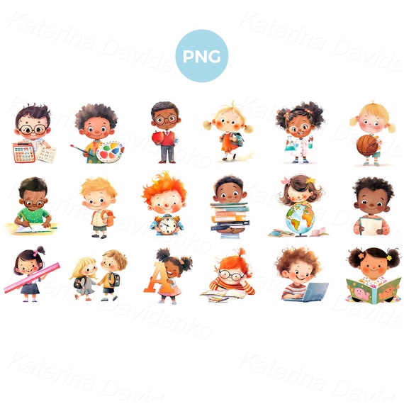 Cute school kids PNG clipart set. Education clipart. Isolated children picture, cartoon characters, happy school boys and girls activities