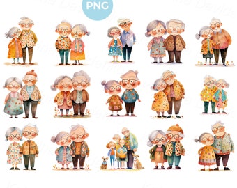 Collection of happy elderly couples. Cartoon grandparents PNG clipart set, cute characters standing together, grandfather and grandmother