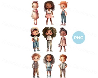 Set of cartoon kids different races PNG clipart, watercolor preschool children, isolated funny boys and girls standing