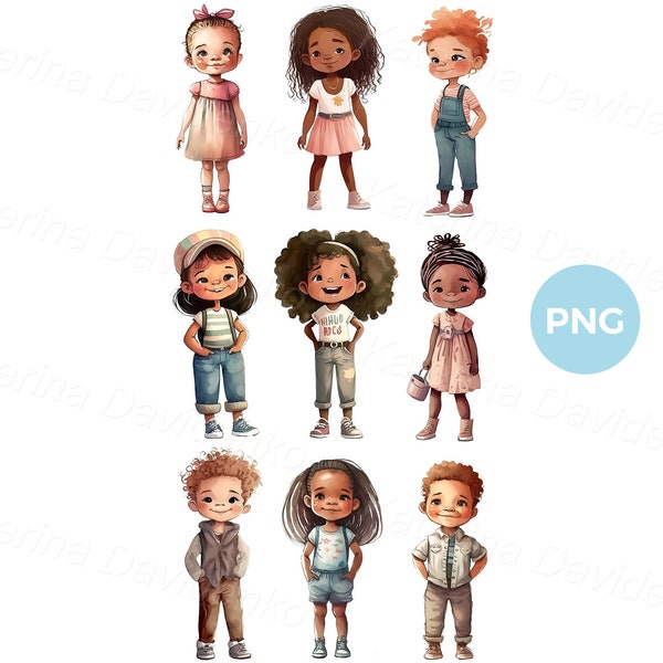 Set of cartoon happy multi ethnic kids PNG clipart, watercolor preschool cute children clip art, isolated funny boys and girls standing