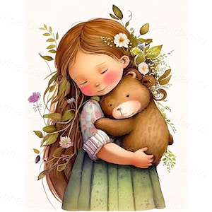 Cute little cartoon girl hugging her teddy bear. Printable watercolor painting, digital download. Nursery art