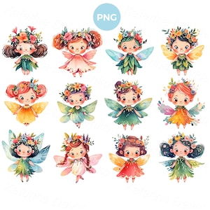 Fairy clipart set. Collection of cute cartoon fairies with flowers wreaths on heads, watercolor fairy stickers PNG clipart