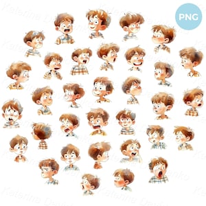 Ensemble de cliparts PNG pour enfants de dessins animés. Petit garçon avec différentes émotions Illustration isolée Clipart d&#39;émotions Clipart d&#39;expressions Visages d&#39;enfants