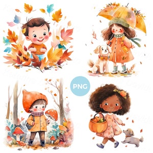 Imágenes prediseñadas PNG de niños de dibujos animados. Acuarela de otoño, imágenes PNG, actividades infantiles al aire libre.