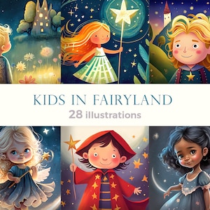 Sammlung von Illustrationen von Cartoon kleinen Kindern im Märchenland. Niedliche Feen und Zauberer, Prinzen und Prinzessinnen. Cliparts für Kinder