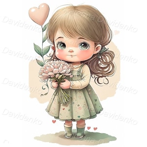 Nursery art. Cartoon little girl with heart and bouquet of flowers, soft color, digital download, anime character. Watercolor painting