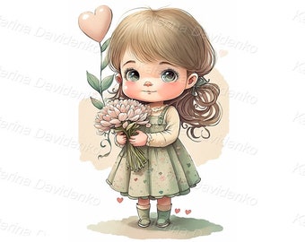 Nursery art. Cartoon little girl with heart and bouquet of flowers, soft color, digital download, anime character. Watercolor painting