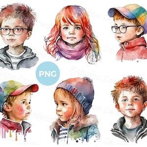 Set of watercolor kids clipart, children faces PNG images, boys and girls portraits, digital download. Kids portrait, children clipart