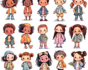 Kids PNG Clipart Set of Cute Happy Cartoon Kids Pictures Little Boys and Girls Clipart Preschooler Children Standing Instant Download