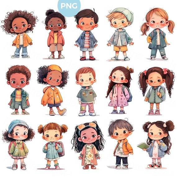Kids PNG Clipart Set of Cute Happy Cartoon Kids Pictures Little Boys and Girls Clipart Preschooler Children Standing Instant Download