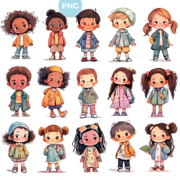 Kids PNG Clipart Set of Cute Happy Cartoon Kids Pictures Little Boys and Girls Clipart Preschooler Children Standing Instant Download