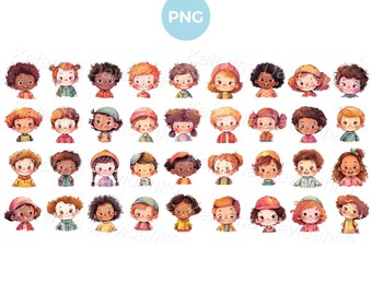 Collection of watercolor happy cartoon kids faces PNG clipart, smiling children faces clip art, cartoon kids portrait, isolated characters