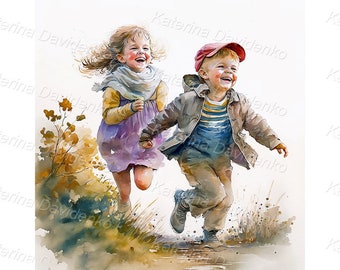 Happy laughing children running together on a walkway outside, watercolor digital painting, kids clipart, autumn season, printable art