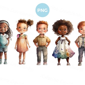 Grupo de niños aislados con ropa de verano de pie en fila. Ilustración de niños de dibujos animados en acuarela PNG clipart set