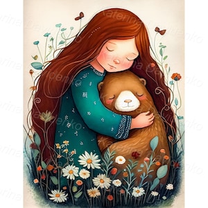 Nursery art. Cartoon girl sleeping with teddy bear in her arms. Watercolor painting for children's book. Cute kid hugging toy