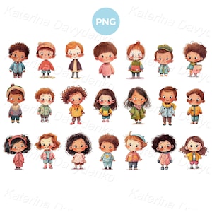 Cute Cartoon Kids Clipart Set Children Standing Full Height With Different Facial Expressions PNG Preschooler Kindergarten Children kids