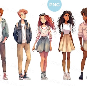 Watercolor illustration of a group of fashionable teenagers. Young men and women standing in a row. Teen PNG clipart, digital download