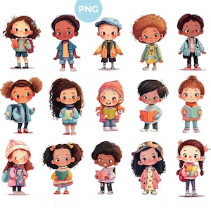 Cartoon multiethnic school children clip art, anime kids characters, schoolkids with books and backpacks, standing kids PNG clipart