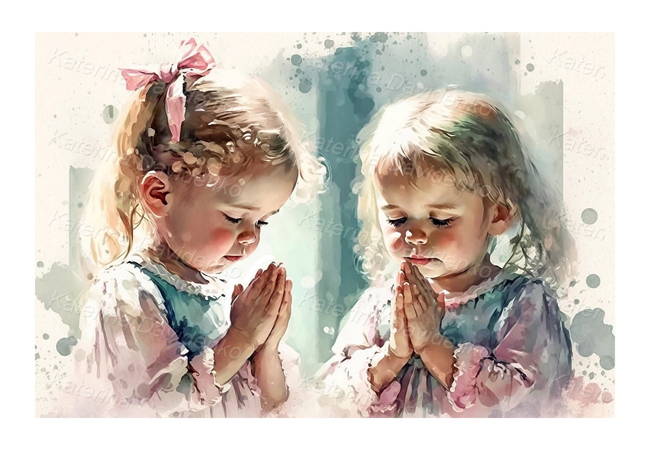 祈る子供たち。二人の少女を描いた水彩画。デジタル即時ダウンロード