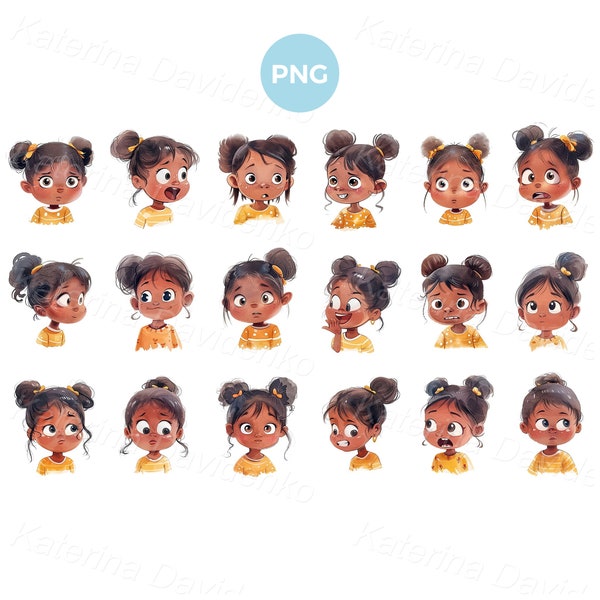 Cartoon little african american girl with different emotions, face expressions. Watercolor kids clipart, set african american children faces