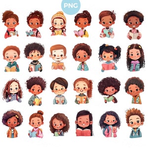 Dibujos animados PNG Colegiala con Libro Clipart Escolares con Libro Retrato de Dibujos Animados Niños de la Escuela Leyendo Libro PNG Clipart Set