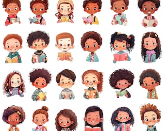 Cartoon PNG Schoolboy Schoolgirl with Book Clipart Schoolkids with Book Cartoon Portrait School Children Reading Book PNG Clipart Set