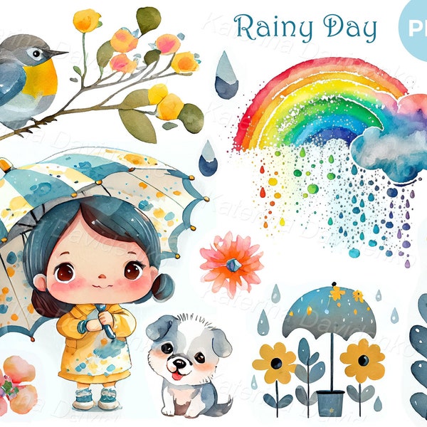 Set of watercolor season weather clipart Rainy day Cartoon cute little girl and her dog standing with umbrella under rain digital download