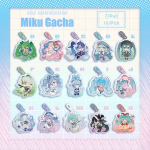 May include: A set of 10 colorful character charms featuring Hatsune Miku and her friends. The charms are designed in a gacha style with a transparent background and a silver ring. The charms are labeled with letters A through J.