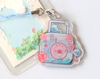 Polaroid phone charm, Acrylic keychain charm, pink and blue, mini lanyard, marine sakura, waves