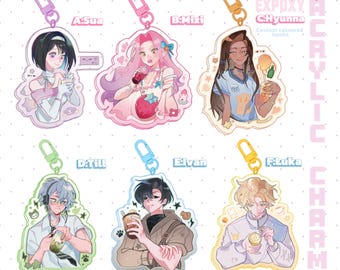 May include: Acrylic charm keychains featuring anime-style characters, each with a unique design and color scheme. The charms are approximately 6 cm in height and include a lobster clasp for attachment. The text "RESIN EXPOXY" and "ACRYLIC CHARM" are visible.