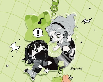 May include: Two cartoon characters, one with black hair and a black mask, the other with gray hair, are on a black and white vinyl record. The characters are wearing headphones and are holding a music note. The background is a green grid pattern.