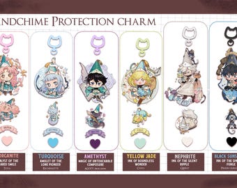 May include: A collection of six Windchime Protection Charm keychains featuring anime-style characters. Each charm includes a cat-shaped clasp, a main character illustration, a smaller secondary icon, a name banner, and a colored heart-shaped charm.