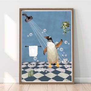 Penguin Shower Print. Penguin Showering Washing Artwork, Penguin Loo, Animal in the Bath, Bathroom Blue Wall Art Hand Drawn