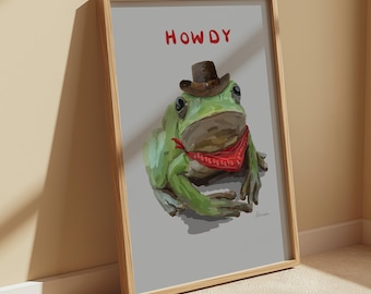 Cowboy Frog Print. Funny Western Toad, ‘Howdy’ Animal Kitchen, Quirky Country Decor, Froggy Wall Art Hand Drawn