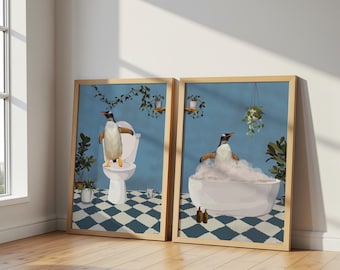 Set of Two Penguin Bathroom Prints. Penguin in the Bath and Penguin on The Toilet, Animal in the Bath, Bathroom Blue Wall Art Hand Drawn