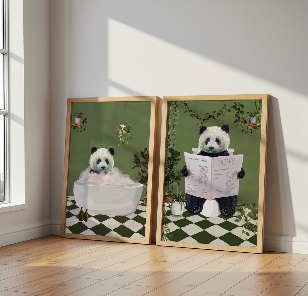 Set of Two Panda Bathroom Prints. Panda in the Bath and Panda on the ...