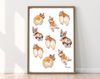 Corgi Butt Art Print, Illustration de chien dessinée à la main Art de téléchargement numérique, Décor drôle de Corgi Bum, Cadeau d’amoureux des chiens, Cadeau d’affiche original pour elle