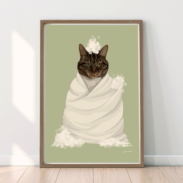 Cat in Bath Towel Print, Bathroom Decor, Hand Drawn Bubblebath Spa Digital Illustration, Cat Wall Art Funny Green Poster  Gift
