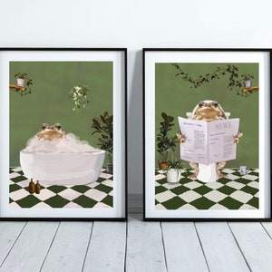 Set of Two Toad Bathroom Prints. Toad in the Bath and Toad on The Toilet, Frog in the Bath, Animal Bathroom Green Wall Art Hand Drawn