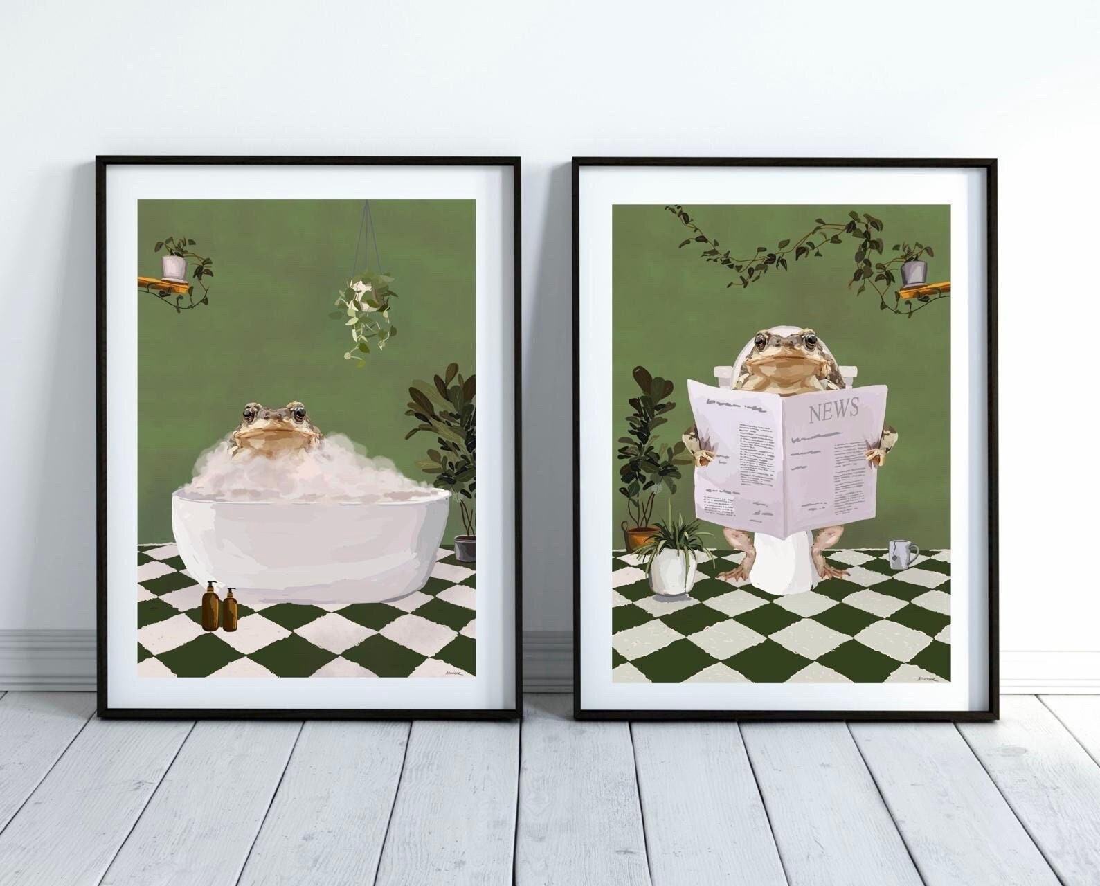 Set of Two Toad Bathroom Prints. Toad in the Bath, Frog on The Toilet, Whimsical Animal Bathroom Green Wall Art Hand Drawn Cottagecore