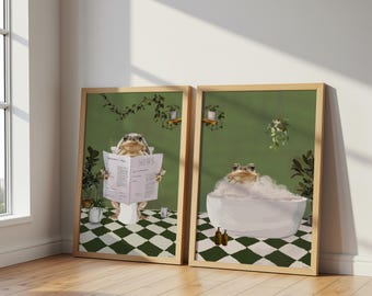 Set of Two Toad Bathroom Prints. Frog in Bath & The Toilet, Whimsy Animal Bathroom Green Wall Art Hand Drawn Cottagecore