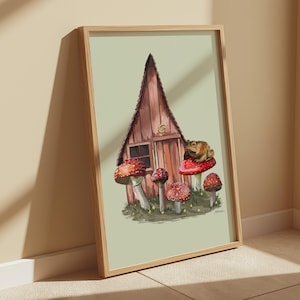 Mushroom Cottage Toad Print, whimsy Cottagecore Nature Wall Art, Frog Fantasy Poster, Witchy Gift Digital Illustration Decor Fungi Cosy