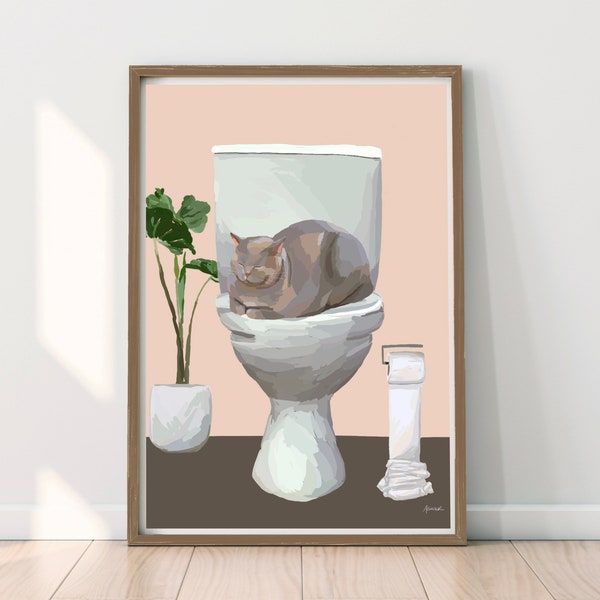 Grey Cat On Toilet Print, Bathroom Decor, Hand Drawn Cat Loaf, House Plant, Funny Pink Loo Poster, Digital Illustration Cute Wall Art